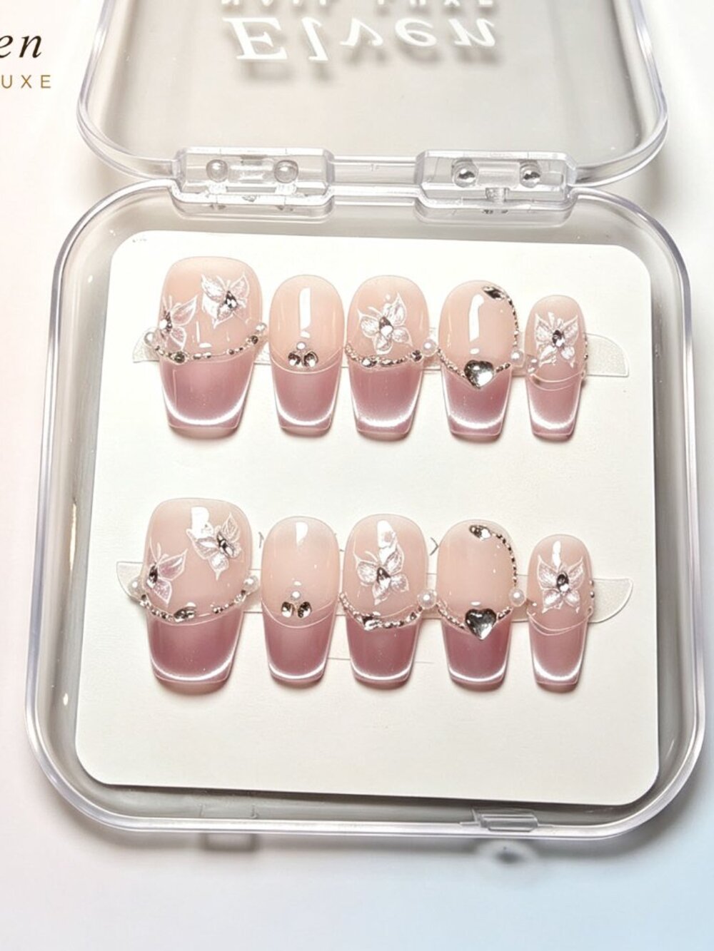 Short Coffin Press On Nails Pink Cat Eye Ombre Butterfly Rhinestone Heart Pearl